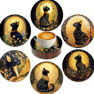 NIP! Set of 6 Black Cat Coffee, Tea, Drink Coasters!